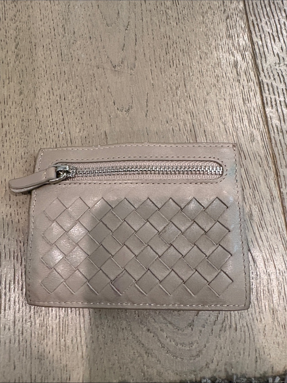 Woven Leather Zip Card Wallet - Beige